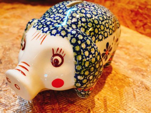 3-14 ポーランド食器 新品「ボレス」ぶた貯金箱【菱花 青×緑】